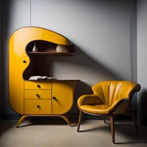 Yellow armchair and chest of drawers with books in the interior. generative ai