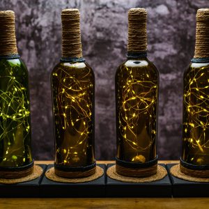 Lamps made with recycled wine bottles and LED lights.